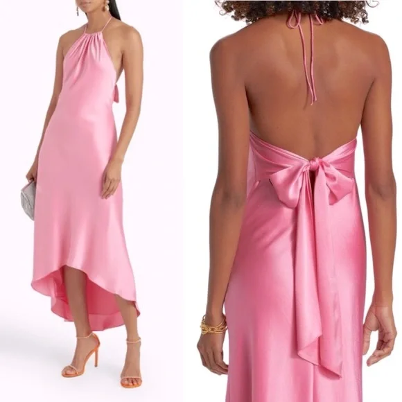 Alice + Olivia Pink Halter Dress Pink Satin High Low Slip Dress - Size 2 NWT